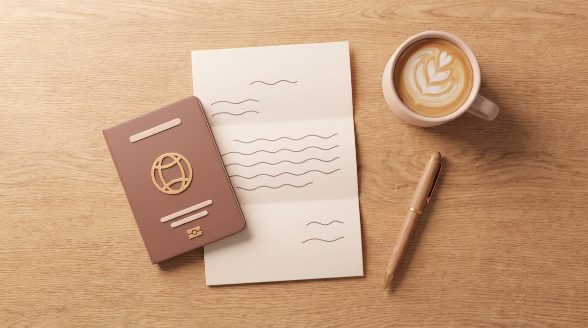 An overhead flat lay on a warm oak table of a passport, a folded paper document with abstract placeh