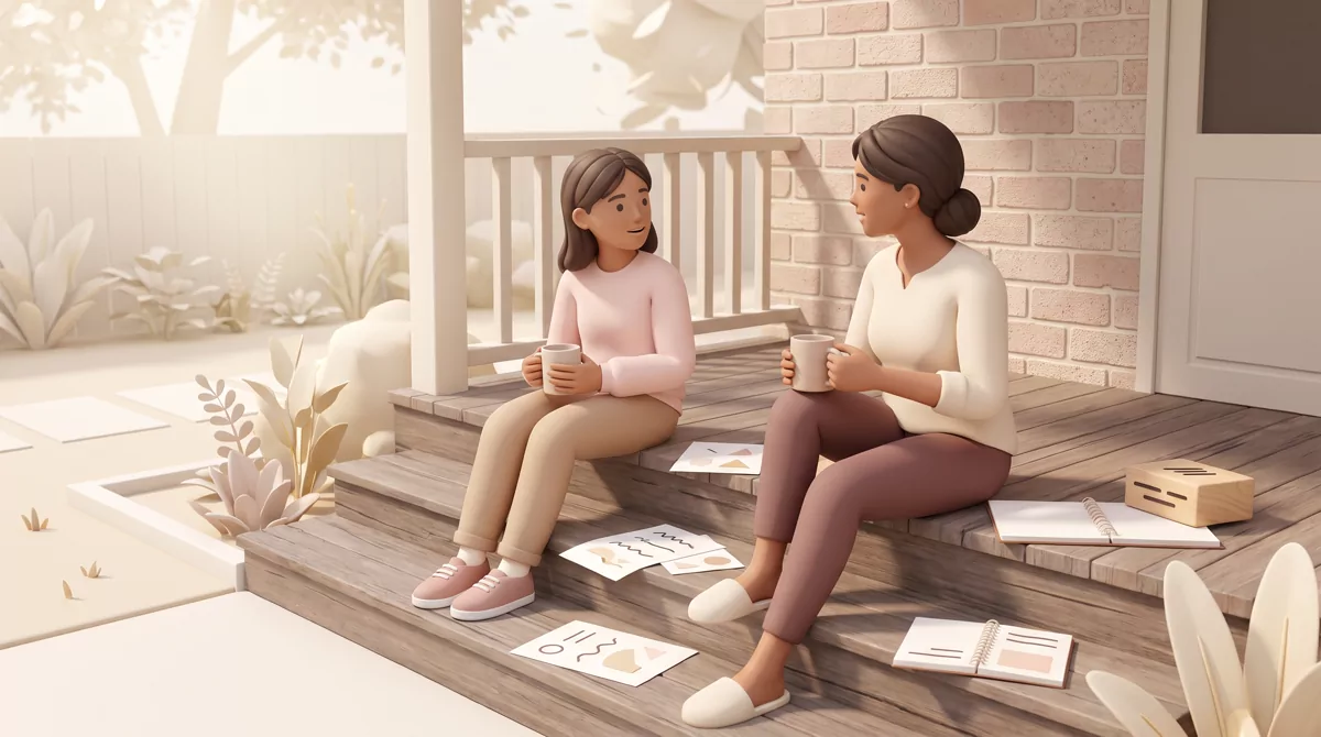 A parent and teenage daughter sitting on porch steps of a brick house with coffee mugs, papers with 