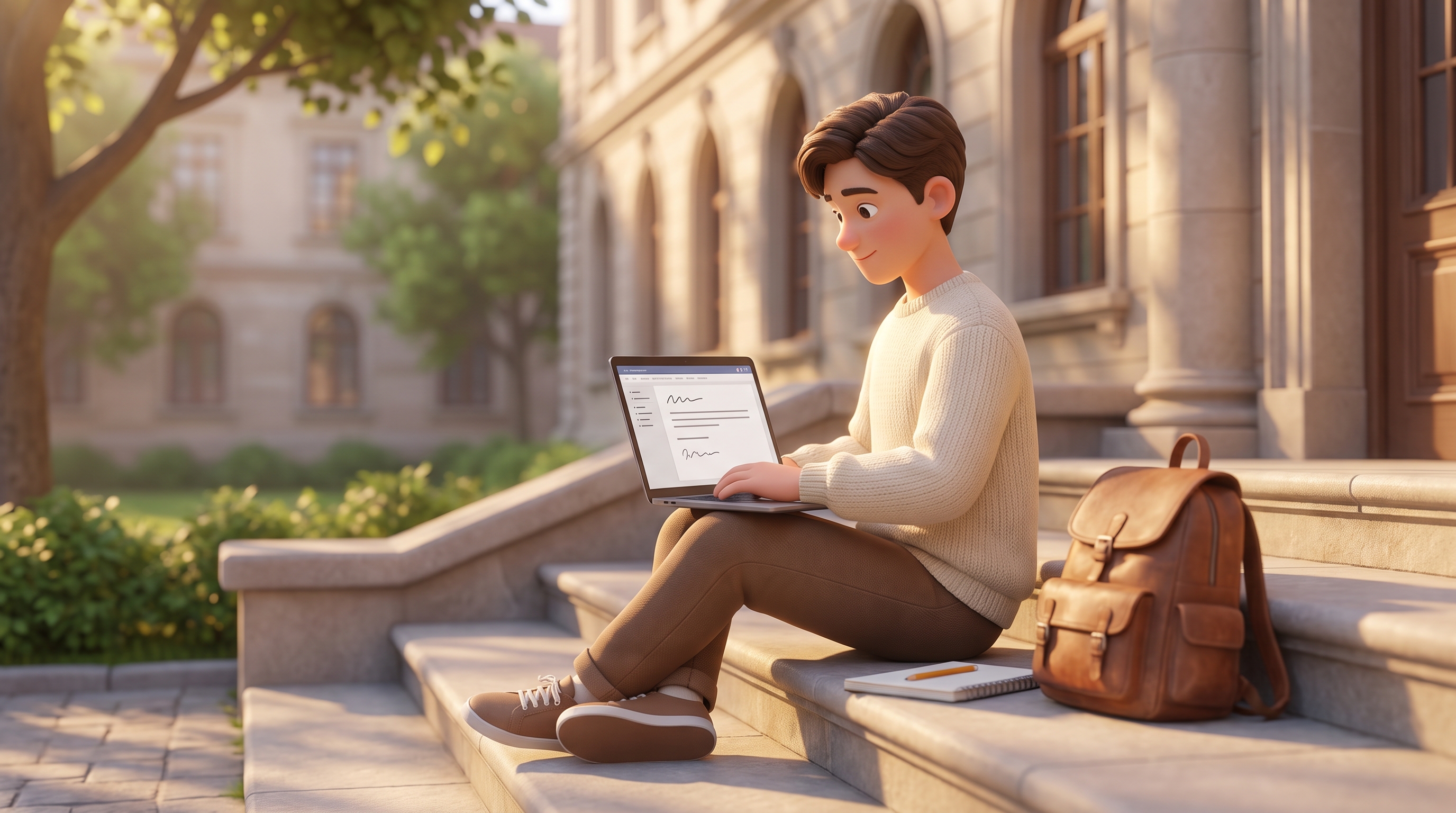 A student sitting on library steps with a laptop, backpack beside them, soft late-day light, calm an