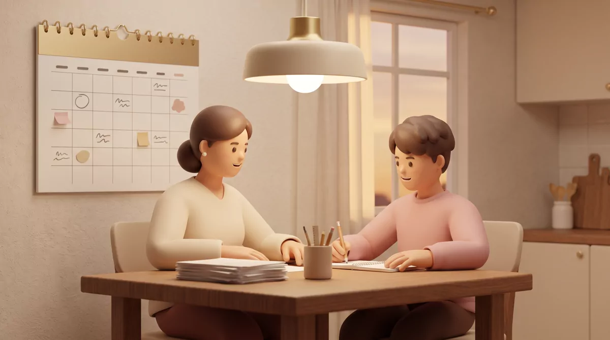 A parent and teenager at a kitchen table in the evening, laptop closed between them, wall calendar i