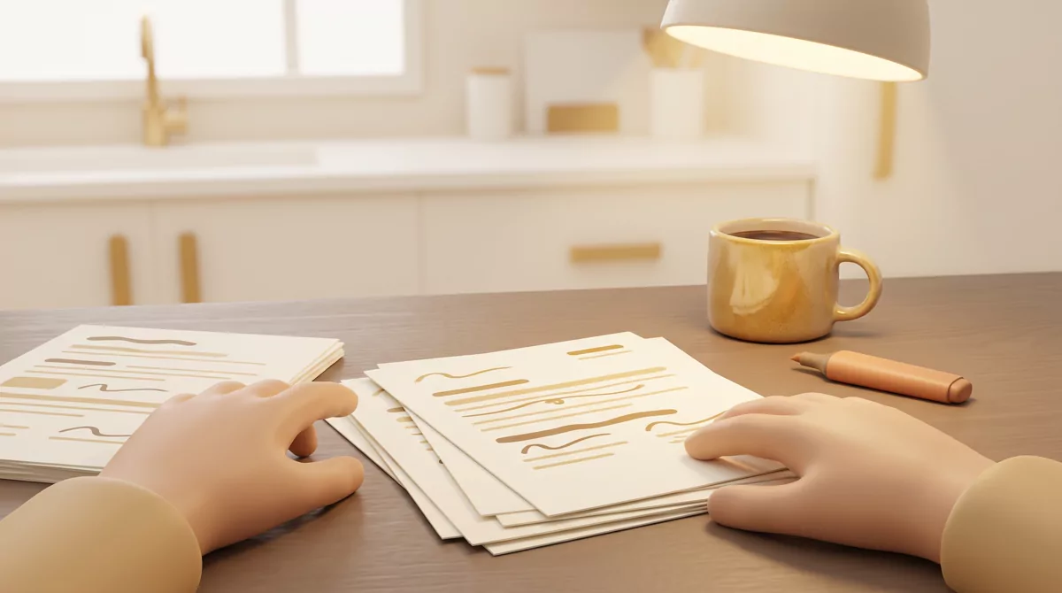 Close-up of two hands on a kitchen table sorting paper stacks covered in abstract placeholder lines,