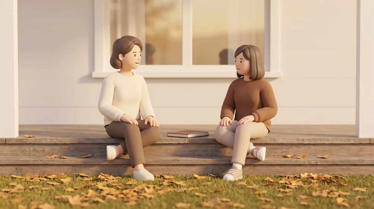 A parent and teenager sitting on worn front porch steps at golden hour, talking, a closed notebook b