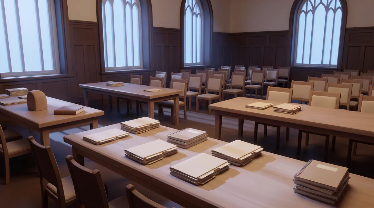 An empty admissions committee room before dawn, long wooden table, chairs pushed in, stacks of unlab