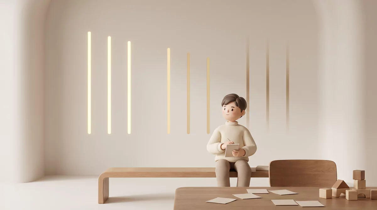 Abstract composition on near-black background: ten slim vertical bars of warm gold light arranged le