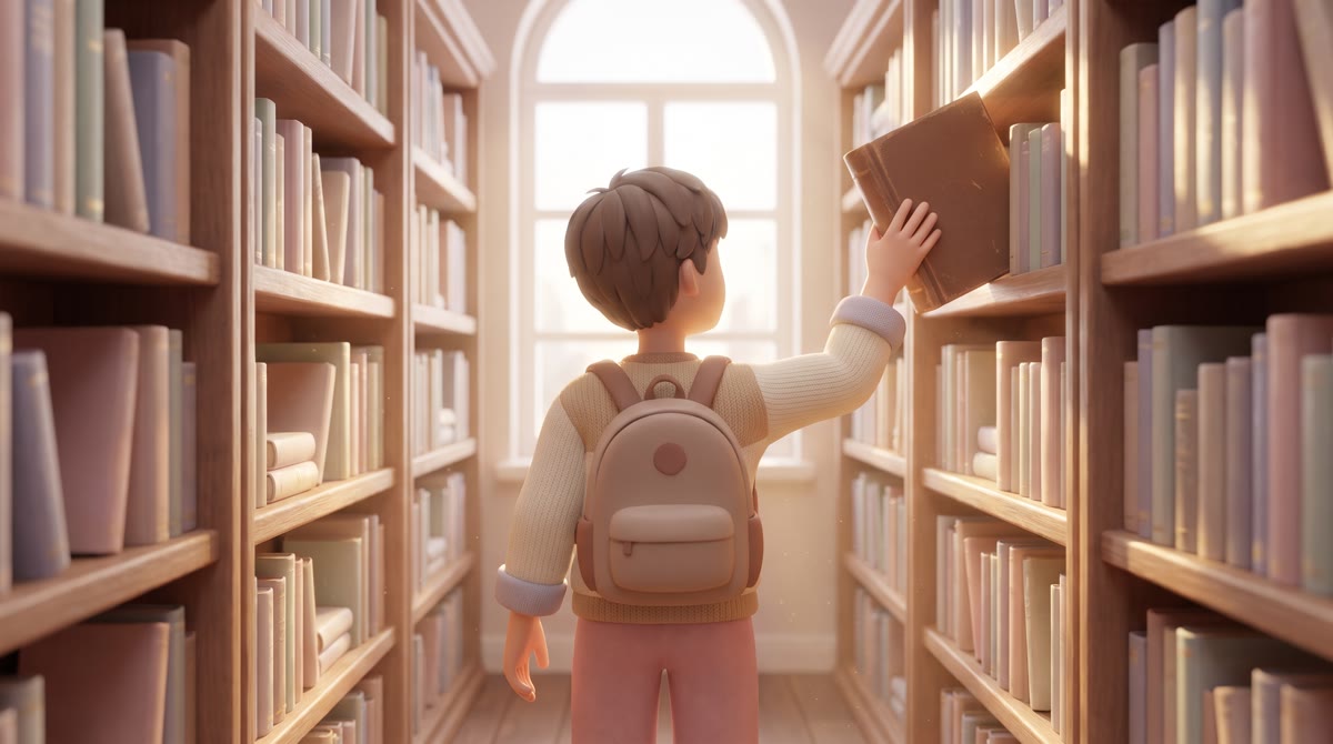 A teenage student in a school library aisle, reaching up to pull a heavy hardcover from a crowded sh