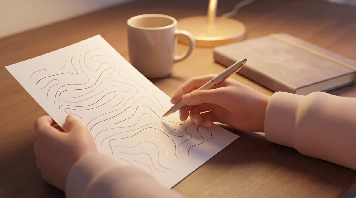 Close-up of hands holding a pen above a printed page covered in abstract placeholder lines, warm gol
