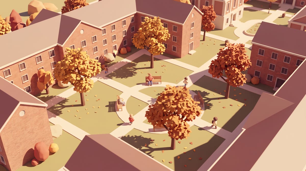 Aerial view of a brick residence hall courtyard in mid-autumn, orange and red trees, a few students 