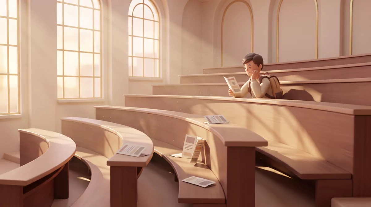 Empty university lecture hall after an information session, folding brochures left on wooden seats s