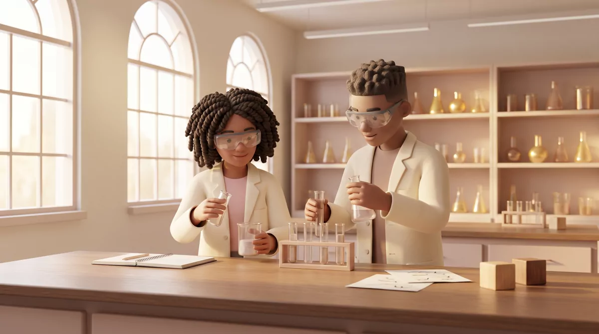 Two students in lab coats and safety glasses examining samples at a bench in a bright university che
