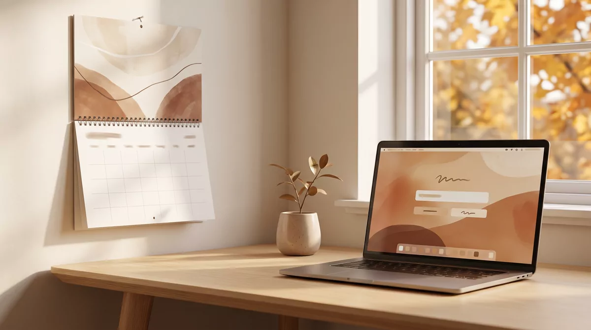 A wall calendar and a laptop on a light desk beside a small plant, autumn light through a window, wa