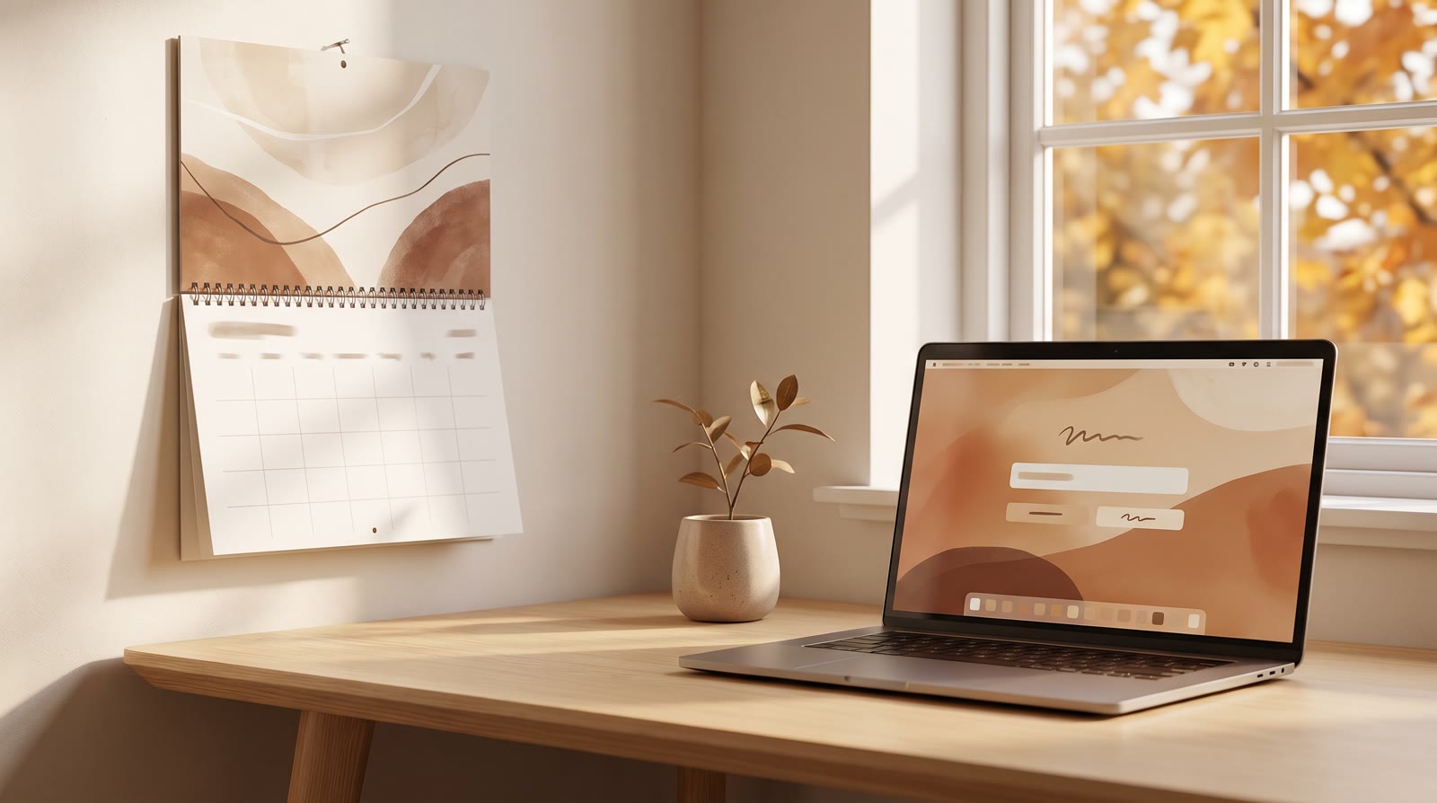 A wall calendar and a laptop on a light desk beside a small plant, autumn light through a window, wa
