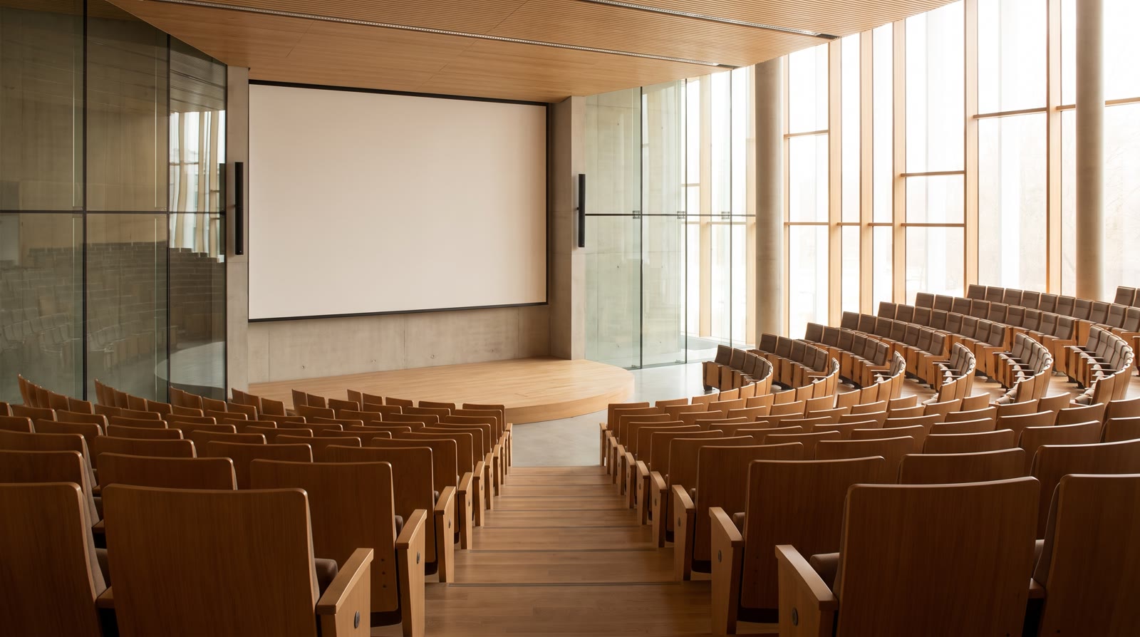 An empty modern lecture hall with warm wood seating and soft window light, no people, no signage