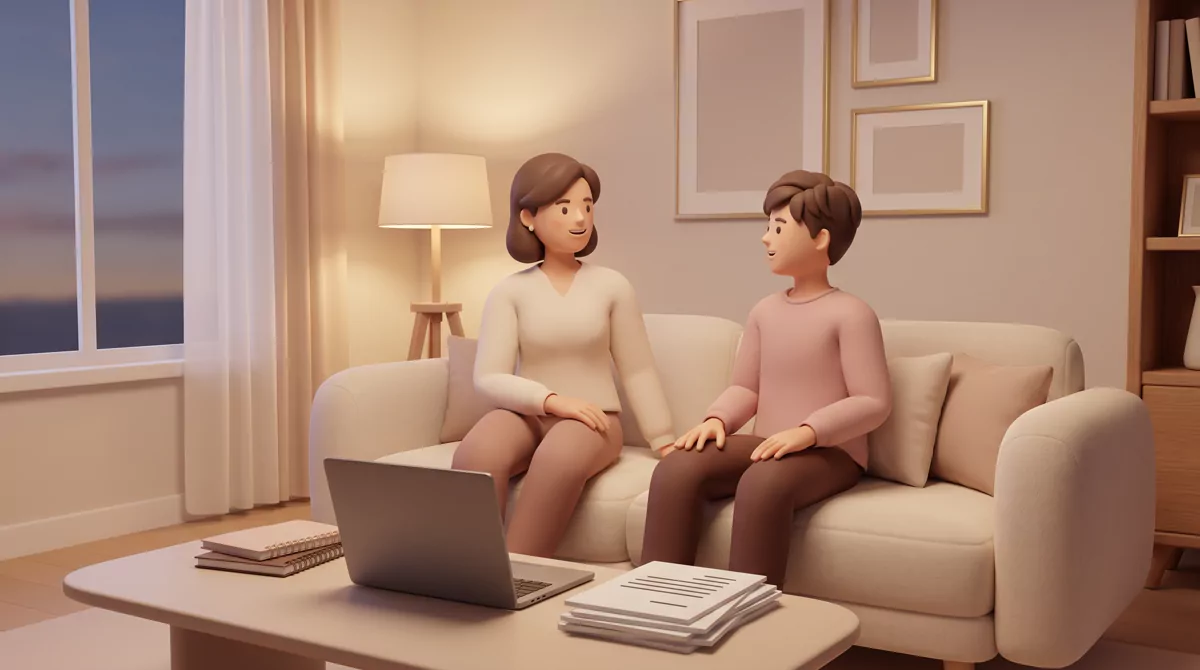 A parent and teenager sitting side by side on a living room sofa in warm evening lamplight, laptop c