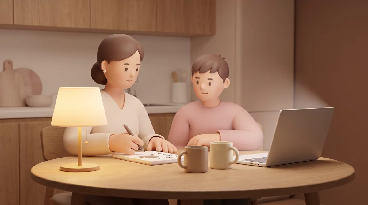 A parent and a teenager at a kitchen table late at night, one holding a pen over a notepad with abst