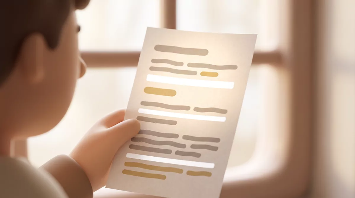 Extreme close-up of a printed page held up to bright window light, showing abstract placeholder line