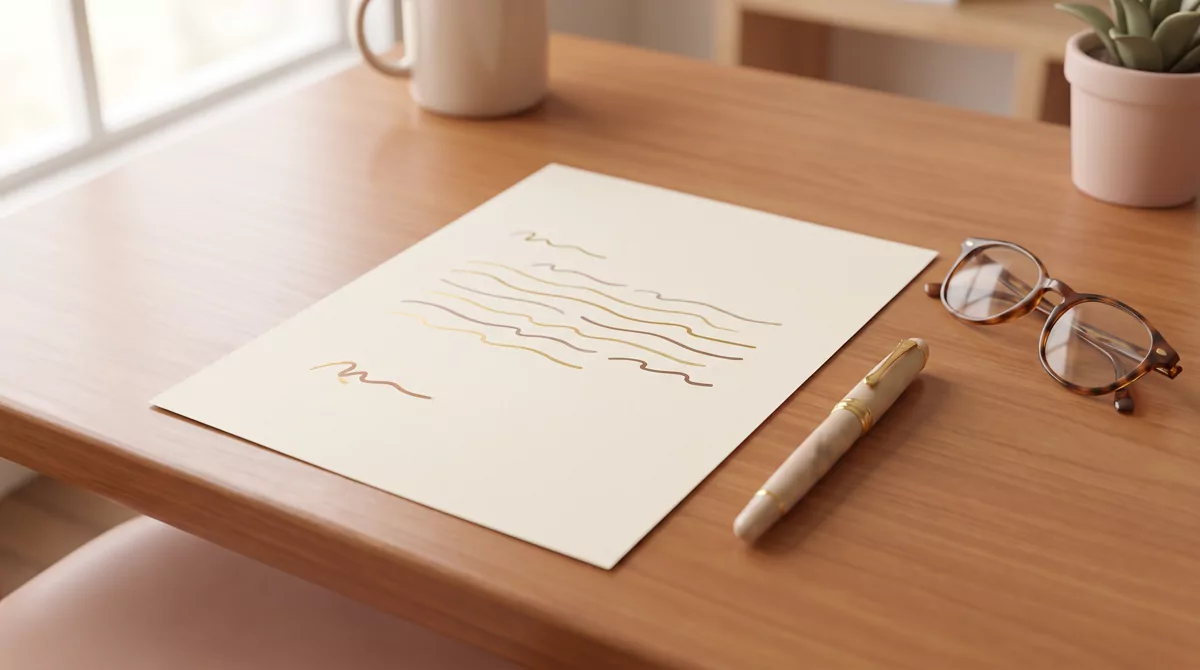 A single sheet of paper on a wooden desk beside a fountain pen and reading glasses, the page covered