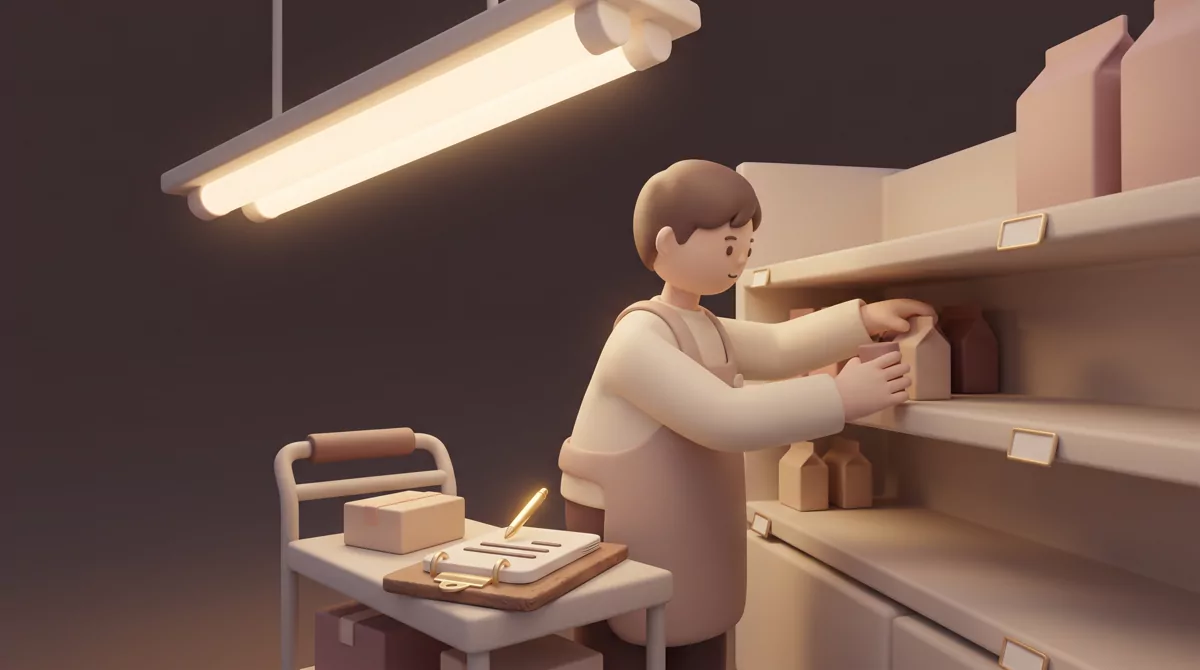 A young employee in an apron restocking a grocery shelf late at night, overhead fluorescent light, a