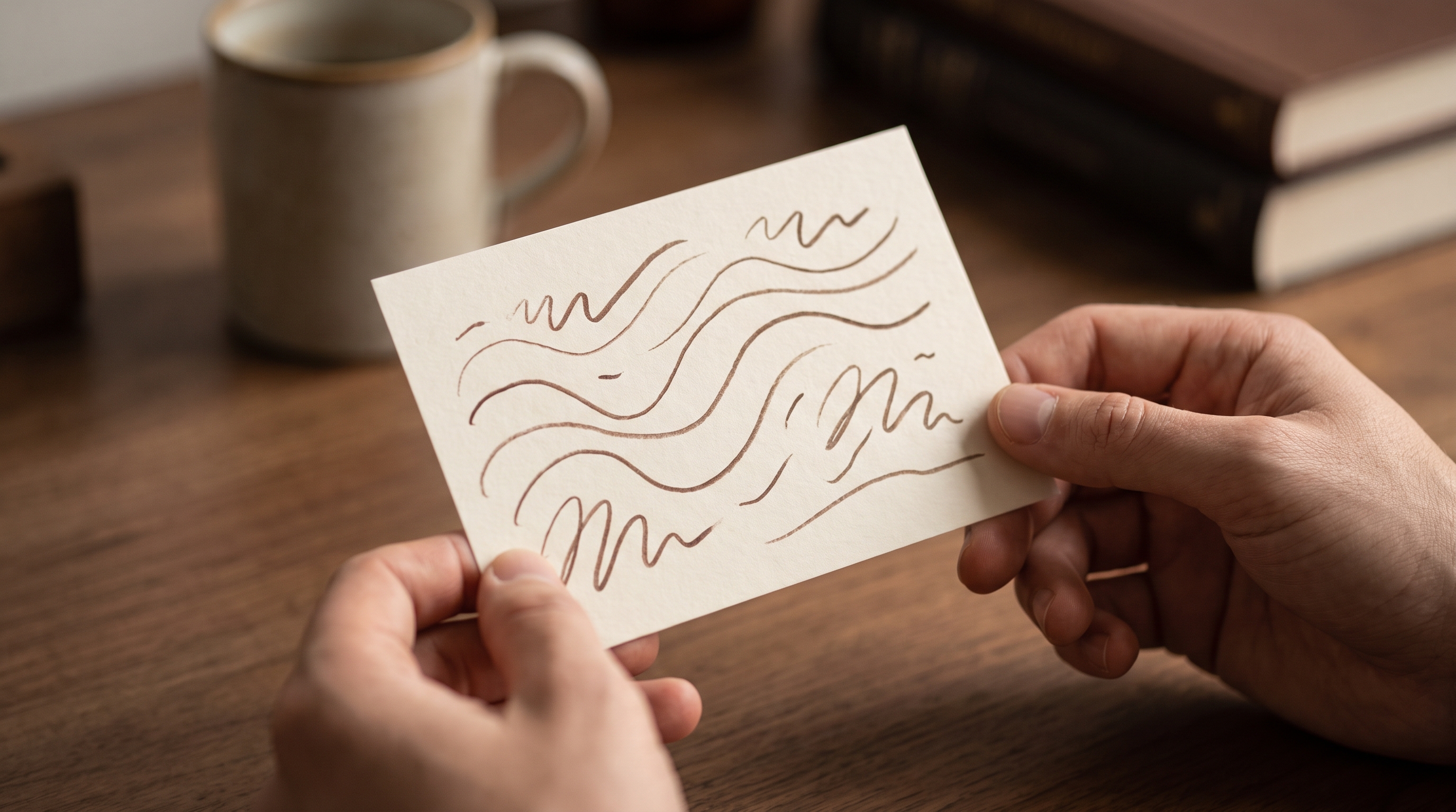 A close-up of hands holding a single index card with abstract placeholder lines, warm brown and crea