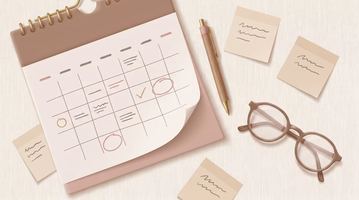 Overhead flat-lay of a paper wall calendar, a pen, sticky notes with abstract placeholder marks, and