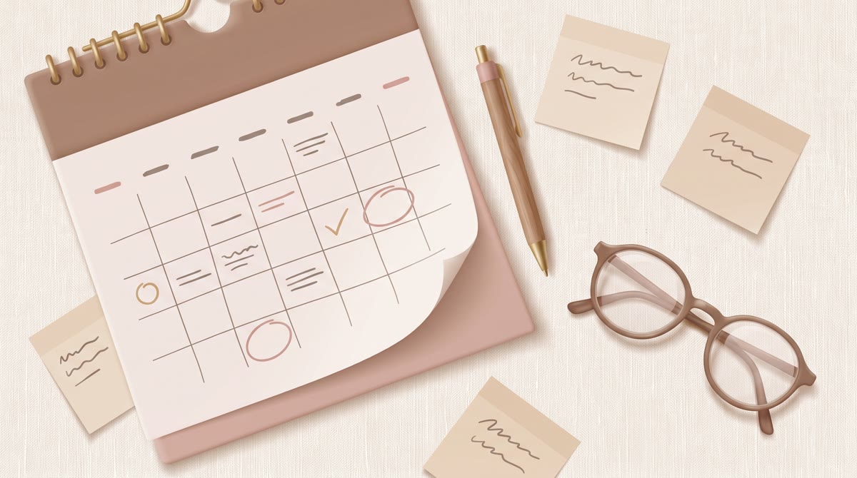 Overhead flat-lay of a paper wall calendar, a pen, sticky notes with abstract placeholder marks, and