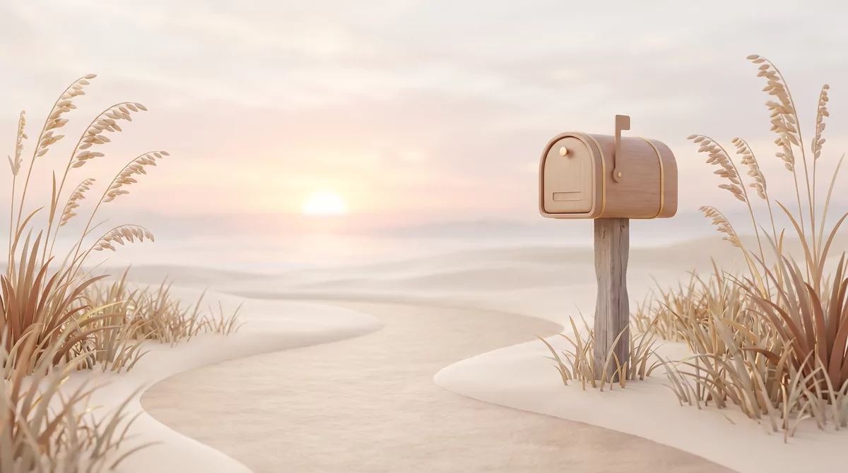 A single mailbox at the end of a sandy driveway with sea oats and dune grass behind it, early mornin
