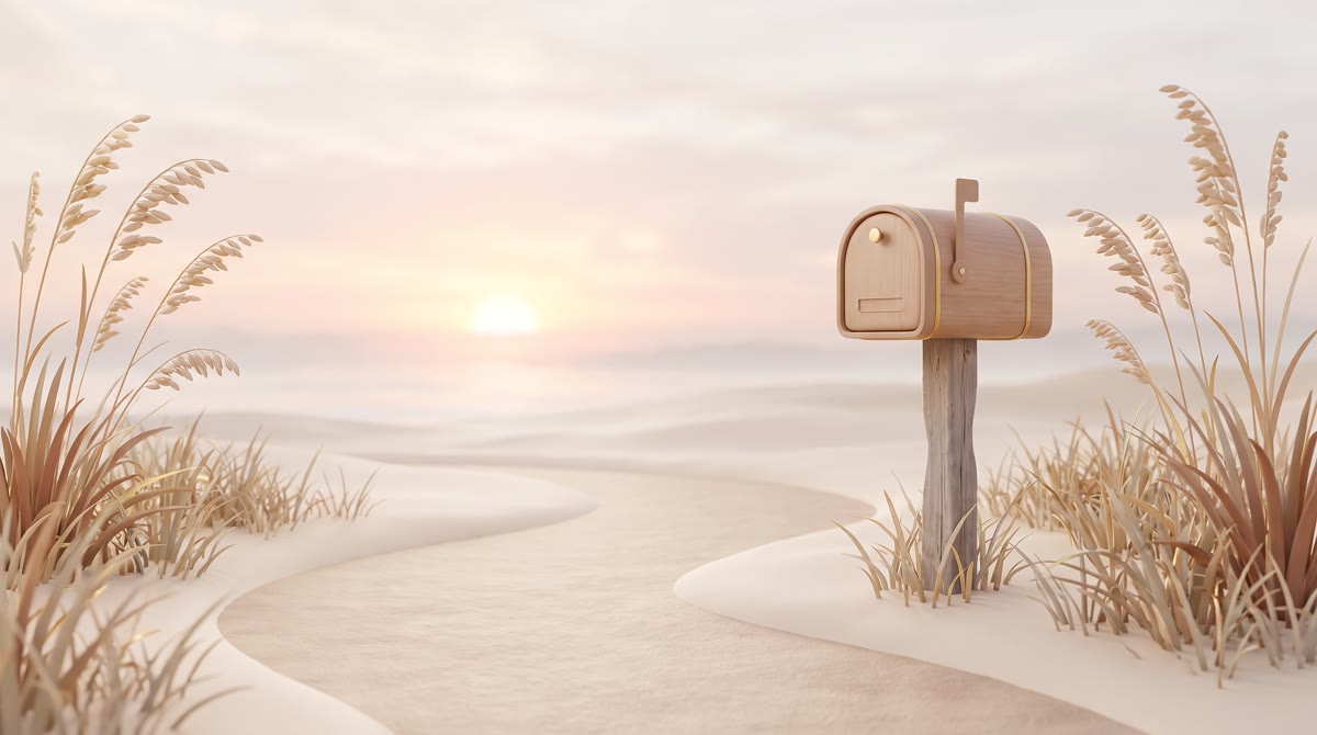 A single mailbox at the end of a sandy driveway with sea oats and dune grass behind it, early mornin
