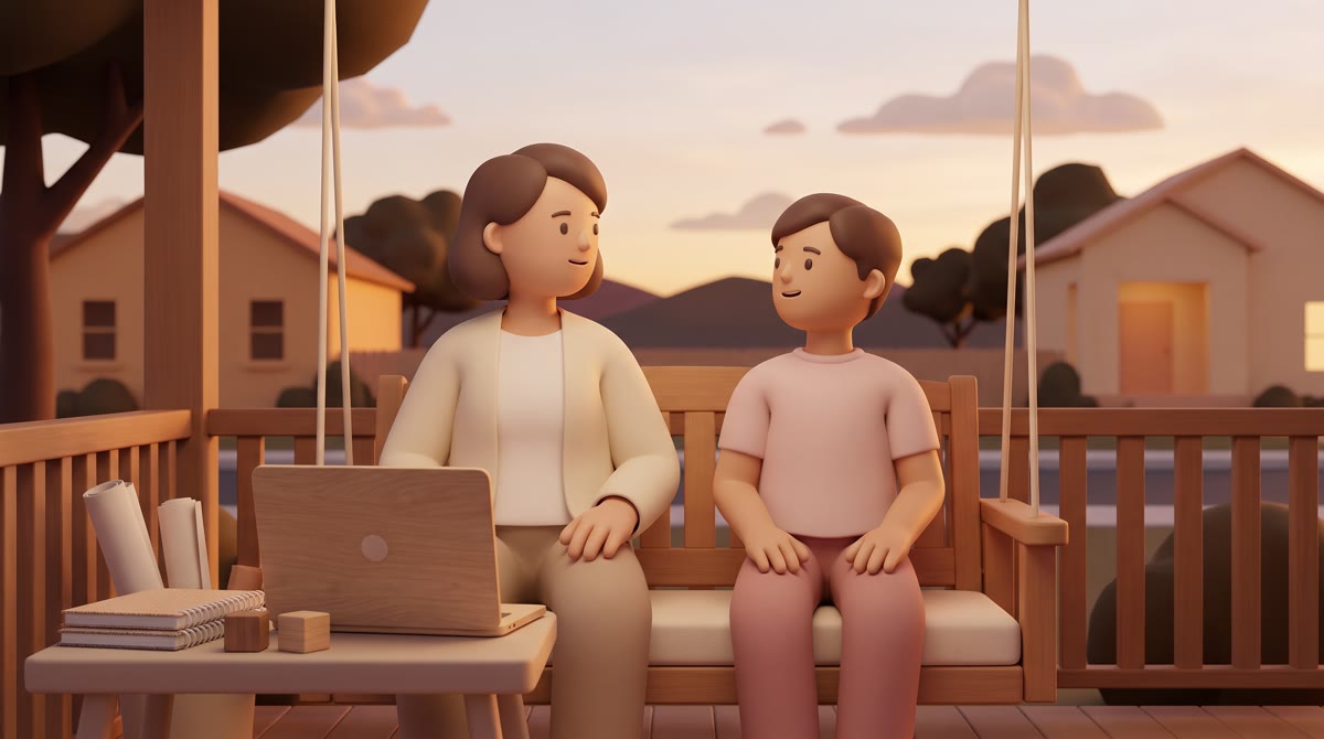 A parent and teenager sitting on a porch swing at dusk with a laptop closed beside them, talking, so
