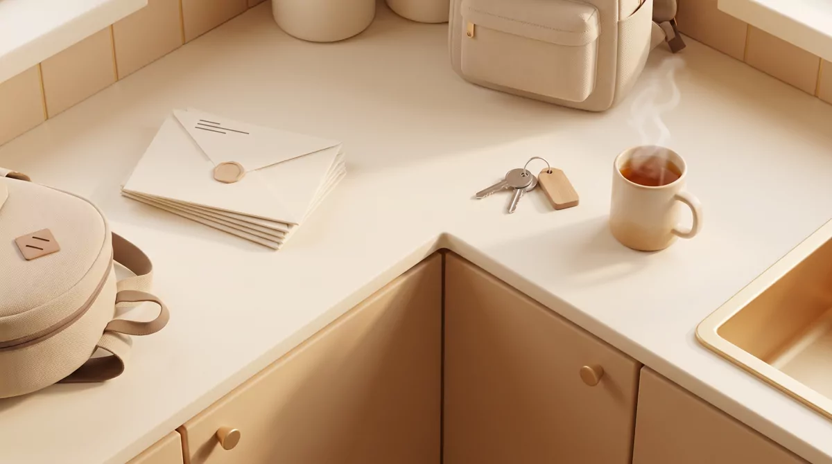 Overhead view of a kitchen counter with a stack of sealed envelopes, a school backpack strap, car ke