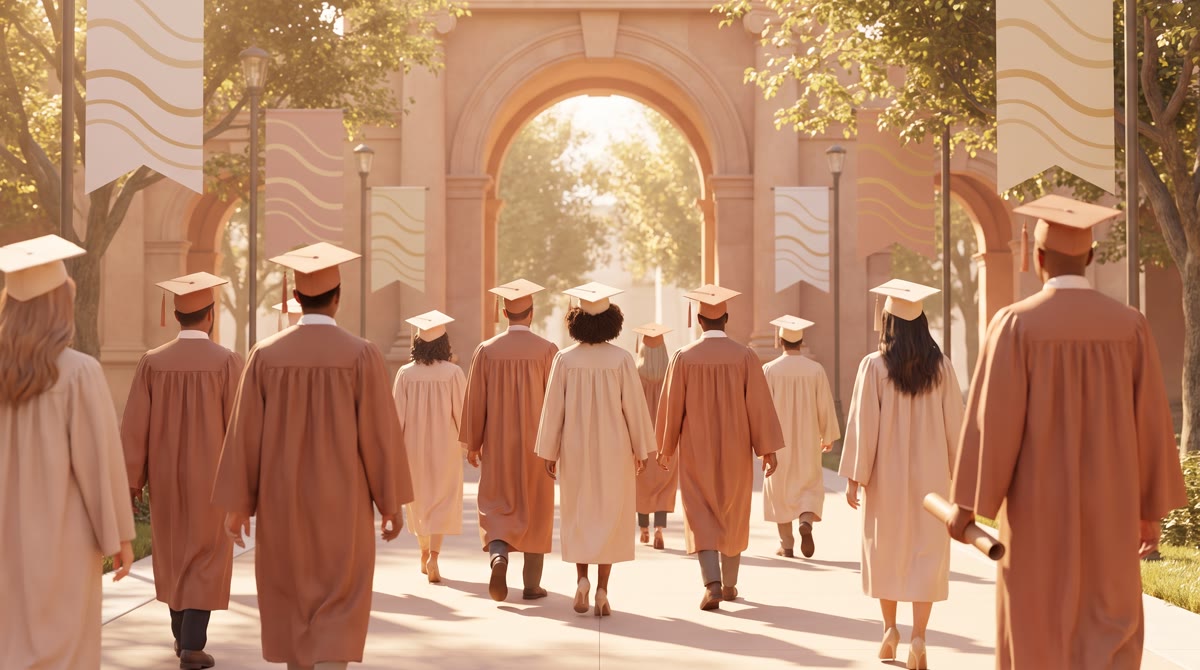 Graduates in caps and gowns crossing a sunlit plaza, seen from behind, warm earthy color grading, no