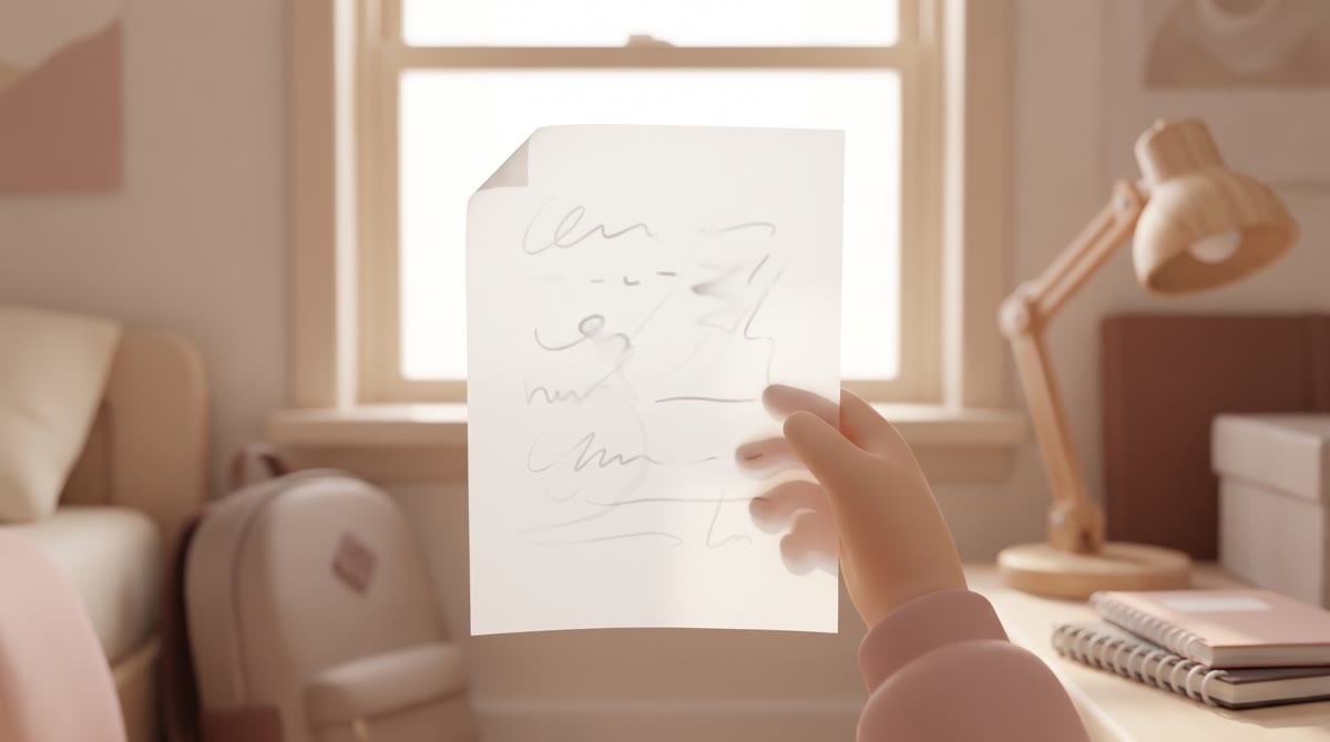 A single sheet of paper held up against a bright window, backlit so the text is unreadable and only 