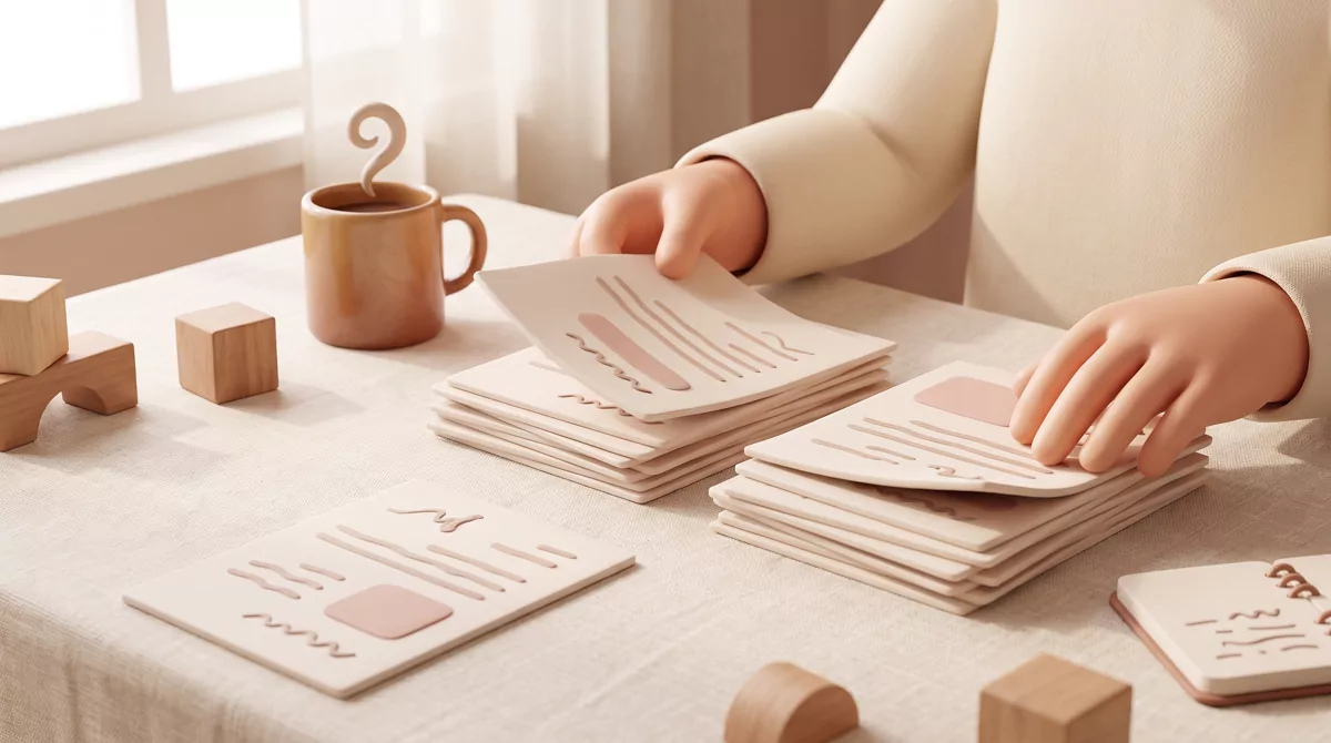 A close-up of hands sorting printed pages into three small stacks on a linen tablecloth beside a mug