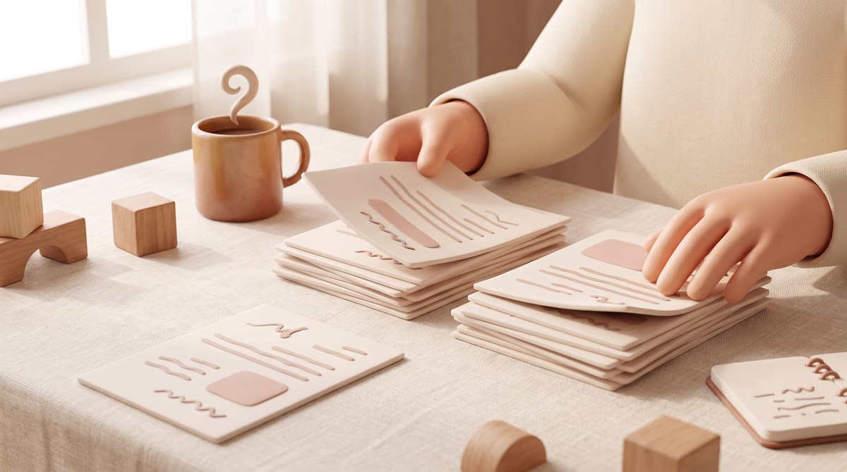 A close-up of hands sorting printed pages into three small stacks on a linen tablecloth beside a mug