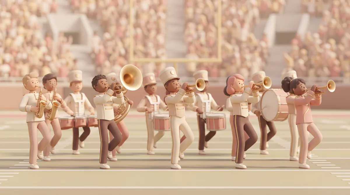 A university marching band in motion on a stadium field, brass instruments catching stadium light, p