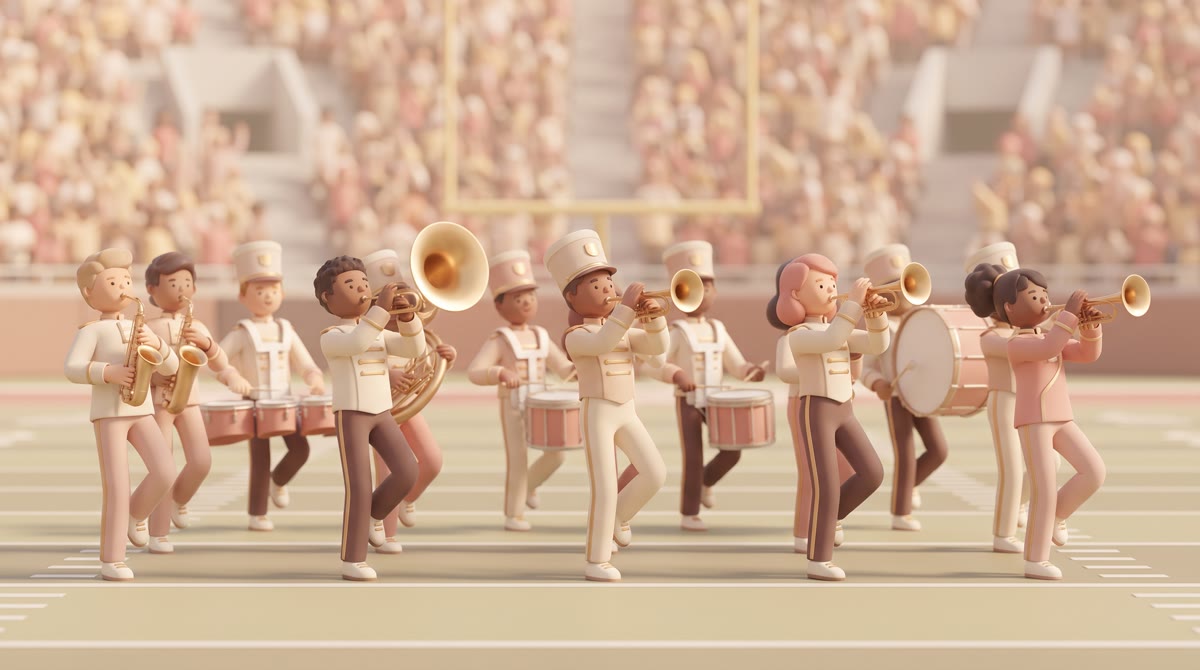 A university marching band in motion on a stadium field, brass instruments catching stadium light, p