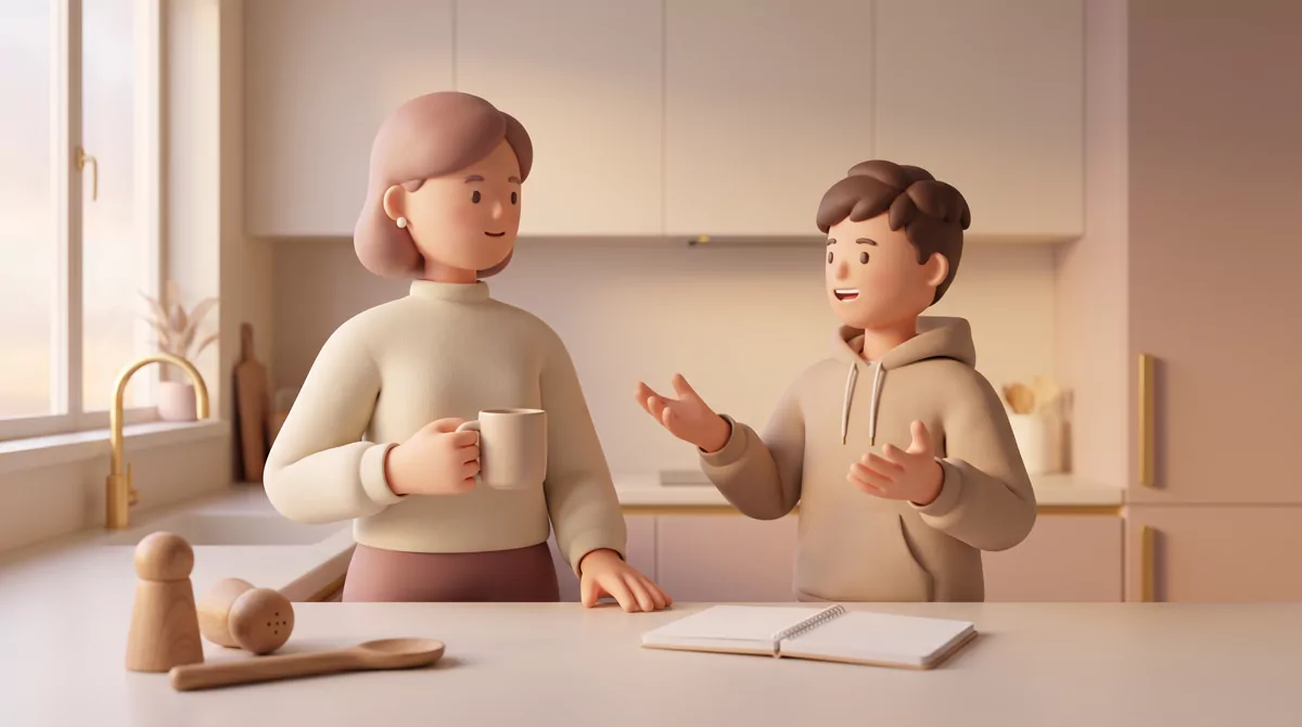 A parent and teenager standing at a kitchen counter in evening light, parent holding a mug, teenager