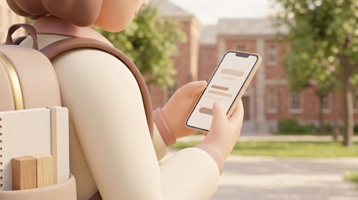 Close-up of a student's hands holding a smartphone while walking across a sunlit campus quad, backpa