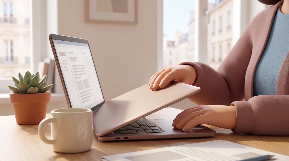 Close-up of a student's hands closing a laptop at a tidy desk with a mug and a small plant, soft bro
