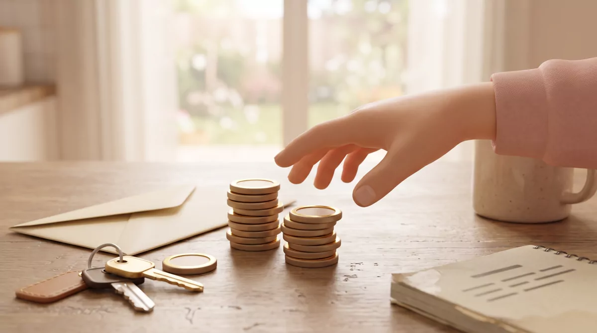 Close-up of two uneven stacks of brass coins on a weathered wooden kitchen table, a folded envelope 