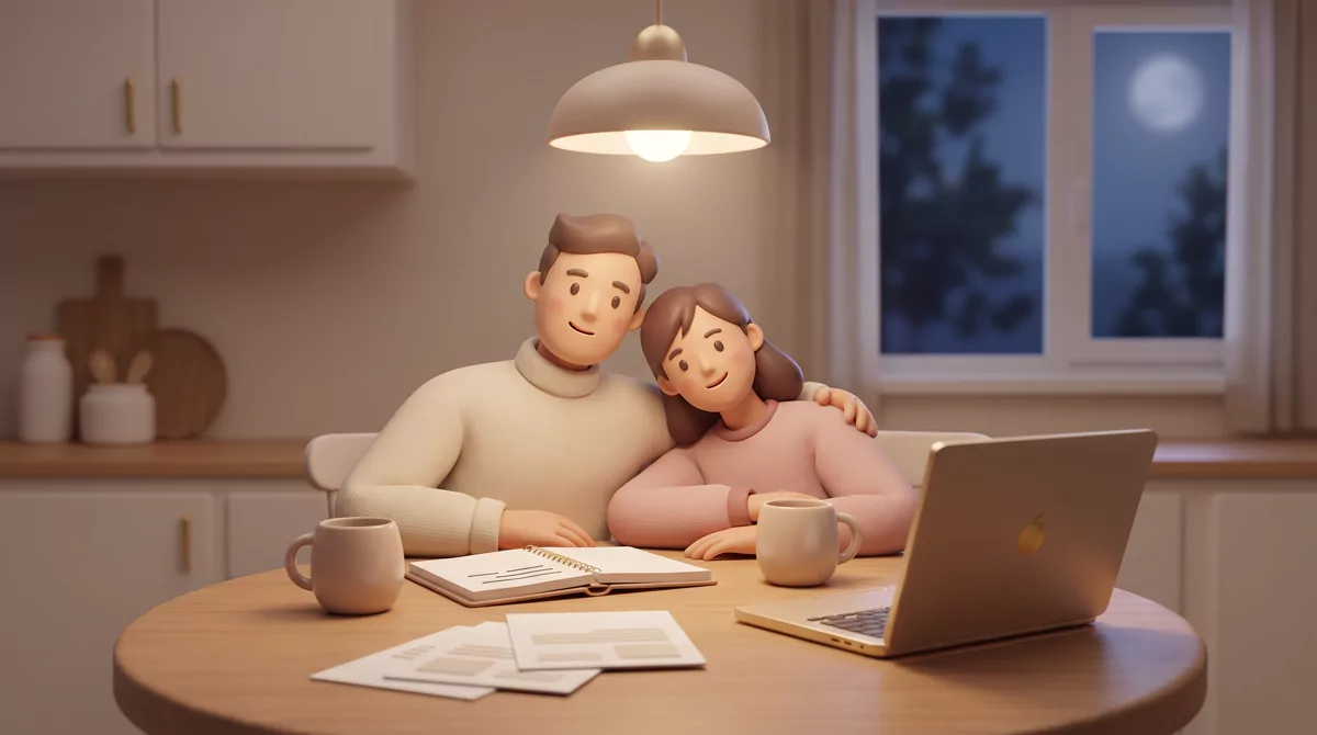 A parent and teenager sitting side by side at a kitchen table late at night, two mugs between them, 