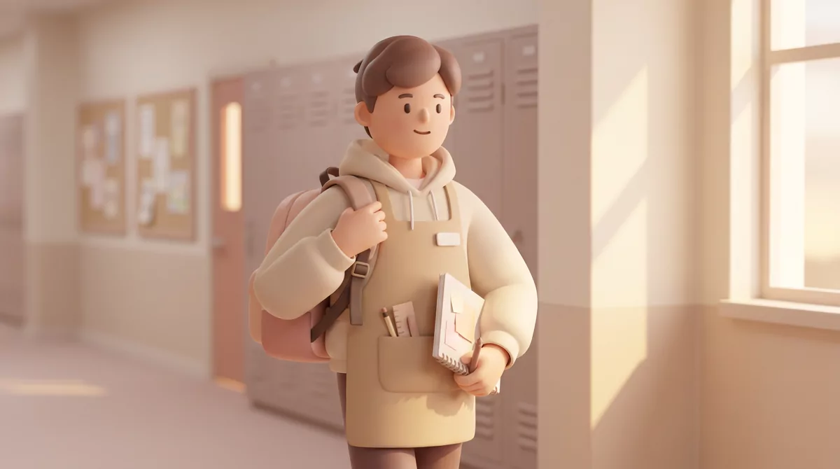 A teenager in a grocery-store apron walking down a high school hallway in late afternoon light, back