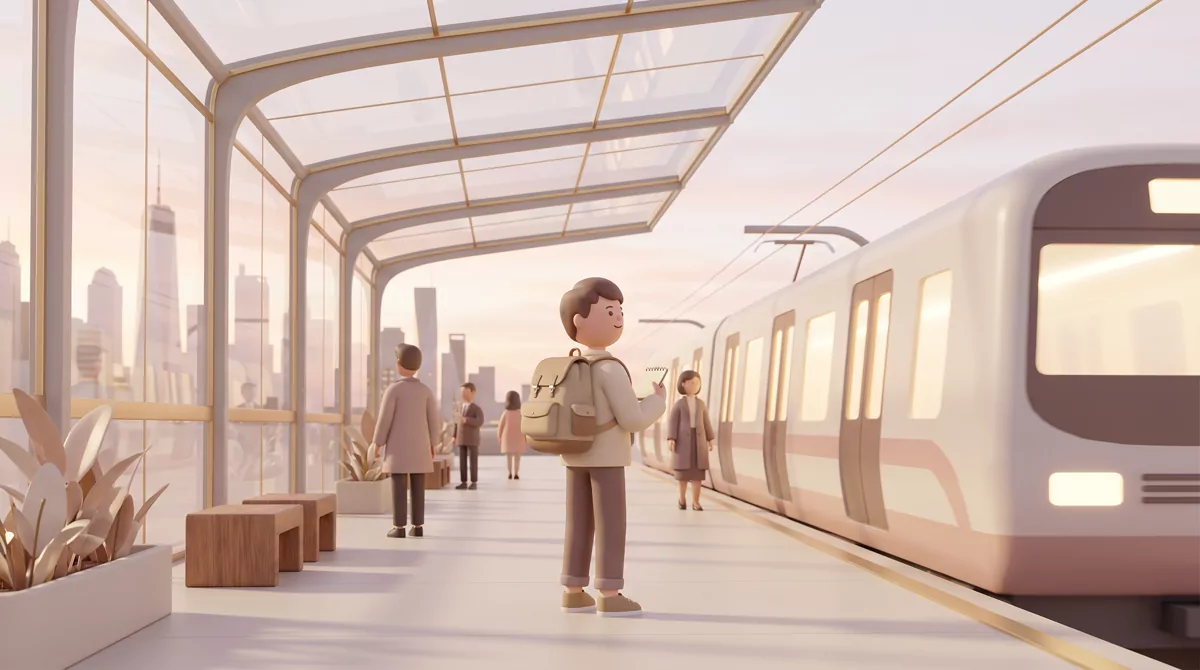 A commuter train platform in early morning light with a student in a backpack among office workers, 